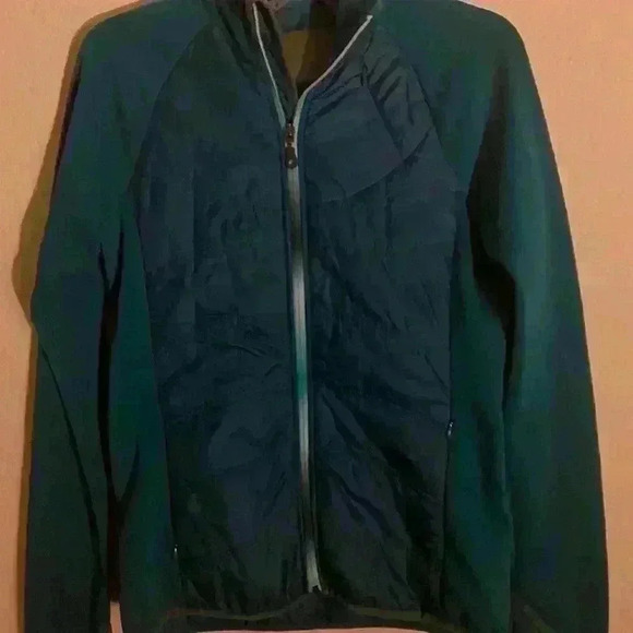 Athleta Quilted Large Graphic Logo Printed Back Teal Zip Up Athleisure Jacket S - Picture 5 of 14